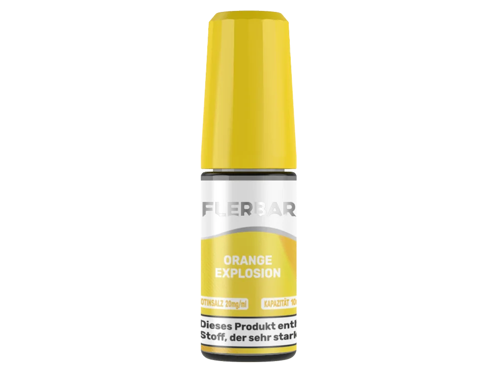 Flerbar Orange Explosion 10ml Nikotinsalz-Liquid in gelber Flasche mit gelbem Verschluss, Vorderansicht