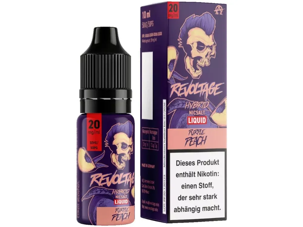 Revoltage Purple Peach Hybrid-Nikotinsalz-Liquid 10ml – lila Flasche 20 mg/ml mit passender Verpackungsbox