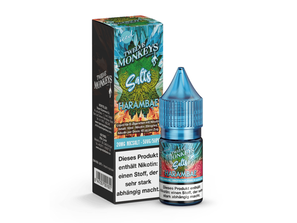 Twelve Monkeys Iced Harambae 10ml Nikotinsalz-Liquid, grün-orange Karton mit Flasche, Frontansicht