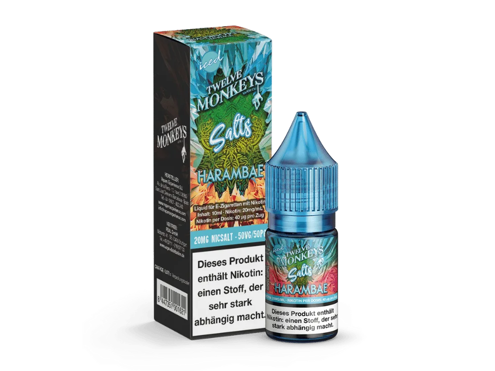 Twelve Monkeys Iced Harambae 10ml Nikotinsalz-Liquid, grün-orange Karton mit Flasche, Frontansicht