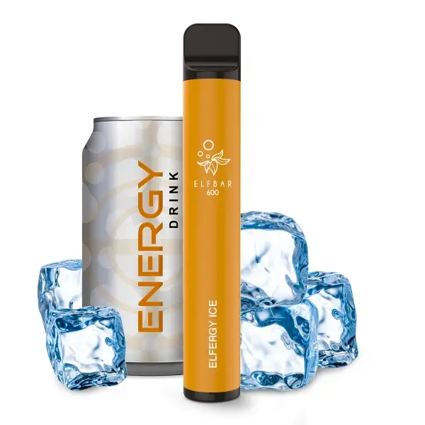 Elfbar 600 Einweg E-Zigarette Energy Ice – orange-goldenes Gerät mit Energy-Drink-Dose und Eiswürfeln