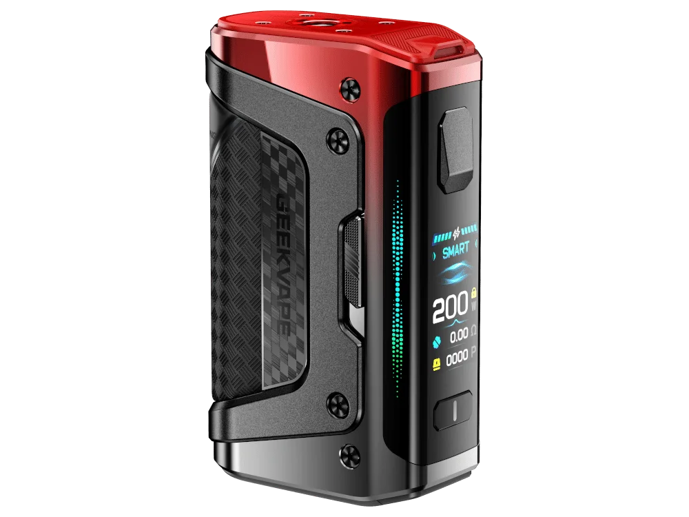 geekvape_aegis_legend_5_200_watt_rot_1000x750.png GeekVape Aegis Legend 5 Mod in Rot-Schwarz mit Carbon-Optik und farbigem Display, Frontansicht