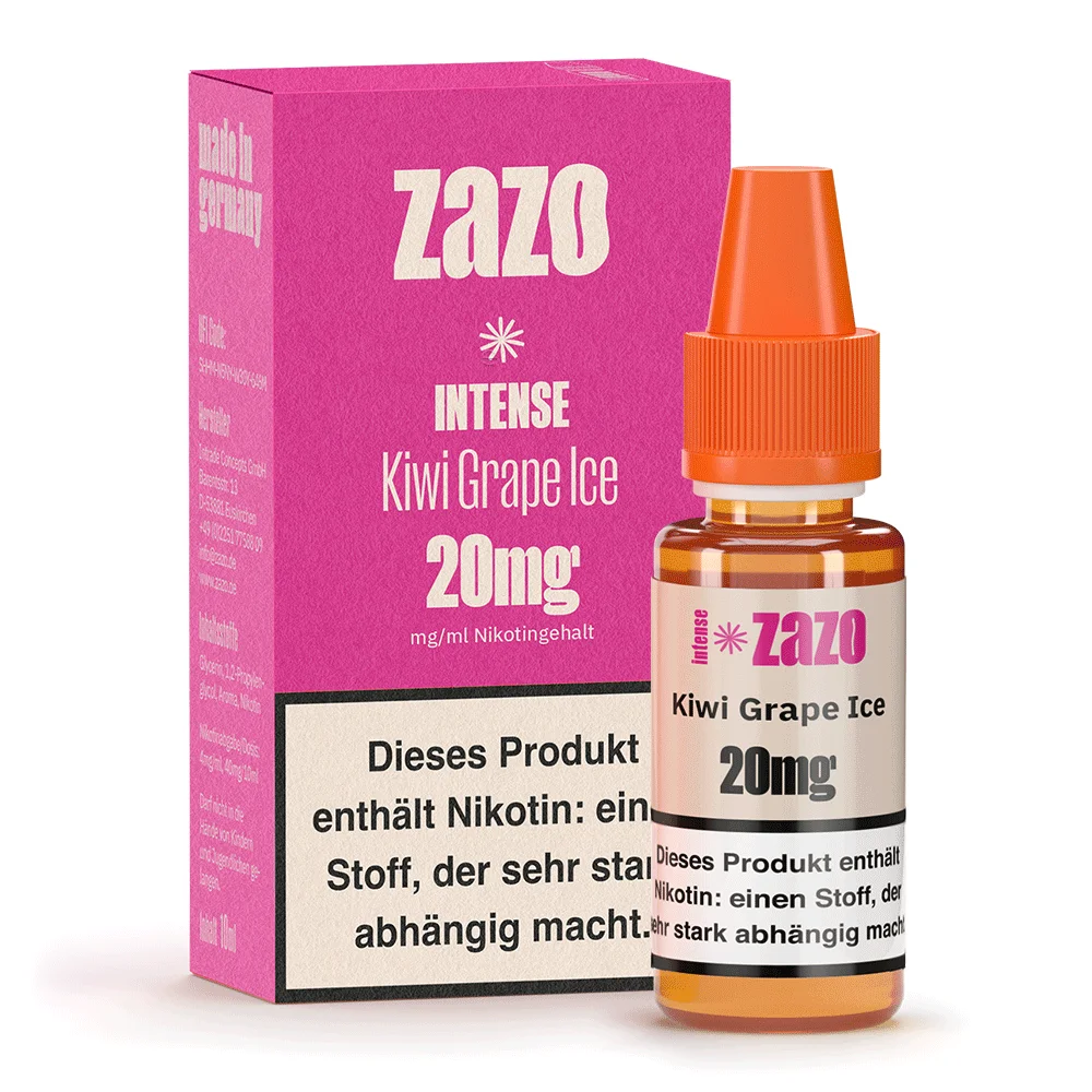 ZAZO Intense Kiwi Grape Ice 20mg Nikotinsalz-Liquid, pinke Faltschachtel mit Liquid-Flasche