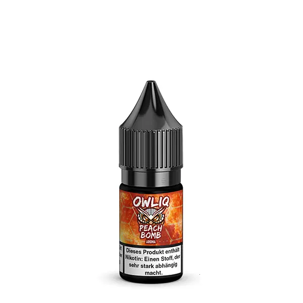 owlliq-peach-bomb-nikotinsalz-2.jpg Owliq Peach Bomb 10ml Nikotinsalz-Liquid – Flasche vor orangerotem Feuerhintergrund