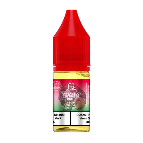 RandM Tornado - Watermelon Cucumber Chill - Nikotinsalz -....jpg Fumot Watermelon Cucumber Chill 10ml Nikotinsalz-Liquid, rote Flasche Seitenansicht auf weißem Hintergrund