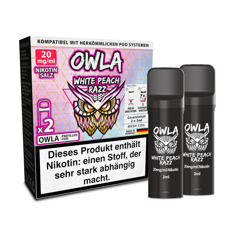 OWLA210_800x800.png?ts=1770994861 Owla White Peach Razz Prefilled Pod 2er-Pack – rosa Verpackung mit Eule und zwei schwarze Pods, Einzelaufnahme