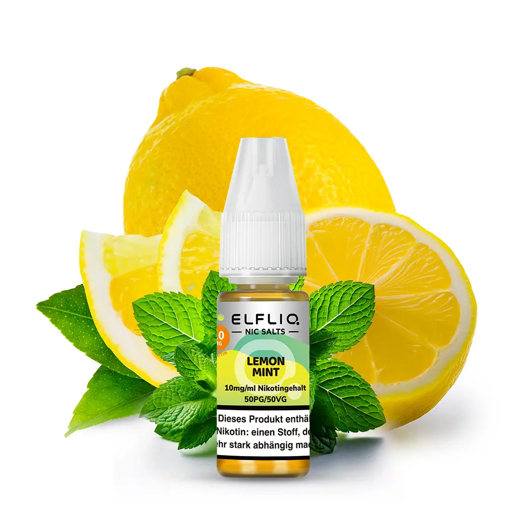 Elfbar Elfliq Lemon Mint 10ml Nikotinsalz-Liquid Flasche vor Zitronen und Minzblättern