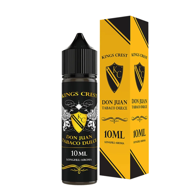 KIC110_2_800x800.png?ts=1761287488 Kings Crest Don Juan Tobaco Dulce Longfill 10ml in schwarzer Flasche mit goldgelber Verpackungsbox