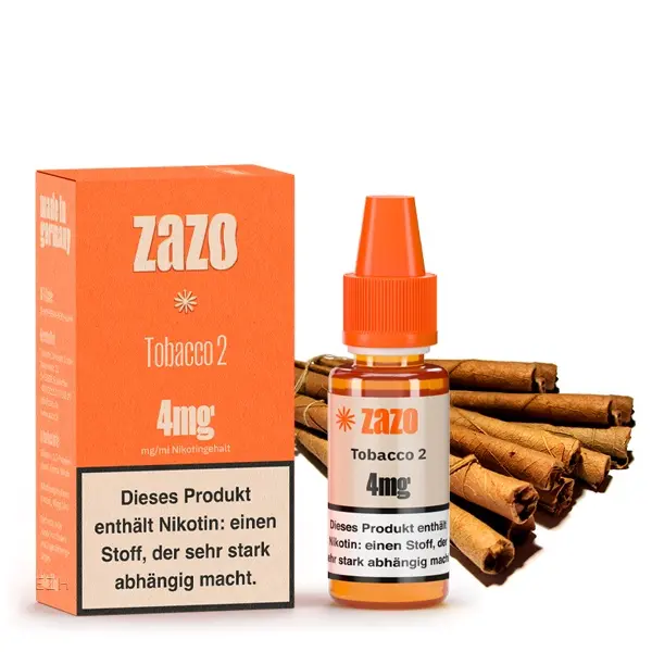 ZAZO Classics Tobacco 2 eLiquid 10ml in oranger Flasche, 4mg, mit Zigarren im Hintergrund
