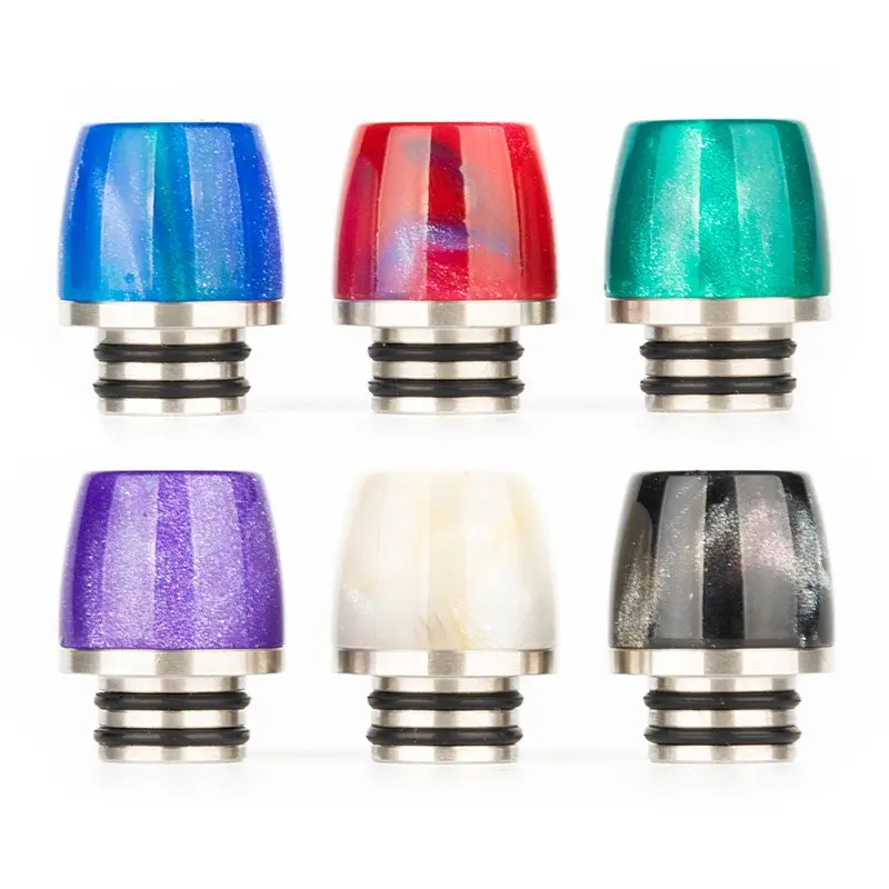 510 DripTip AS212 Farbchart – sechs Kunststoff-Drip-Tips in Blau, Rot, Lila, Weiß, Schwarz-Marmor und Grün