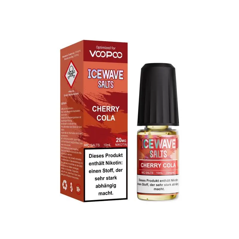 WAV402_800x800.jpg?ts=1763557115 Icewave Salts Cherry Cola 10ml Nikotinsalz-Liquid – rote Verpackung mit Flasche, Vorder- und Seitenansicht