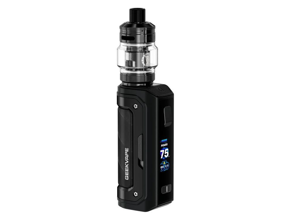 GeekVape Aegis Mini 5 E-Zigaretten-Set in Schwarz mit aufgesetztem Verdampfer, Frontansicht