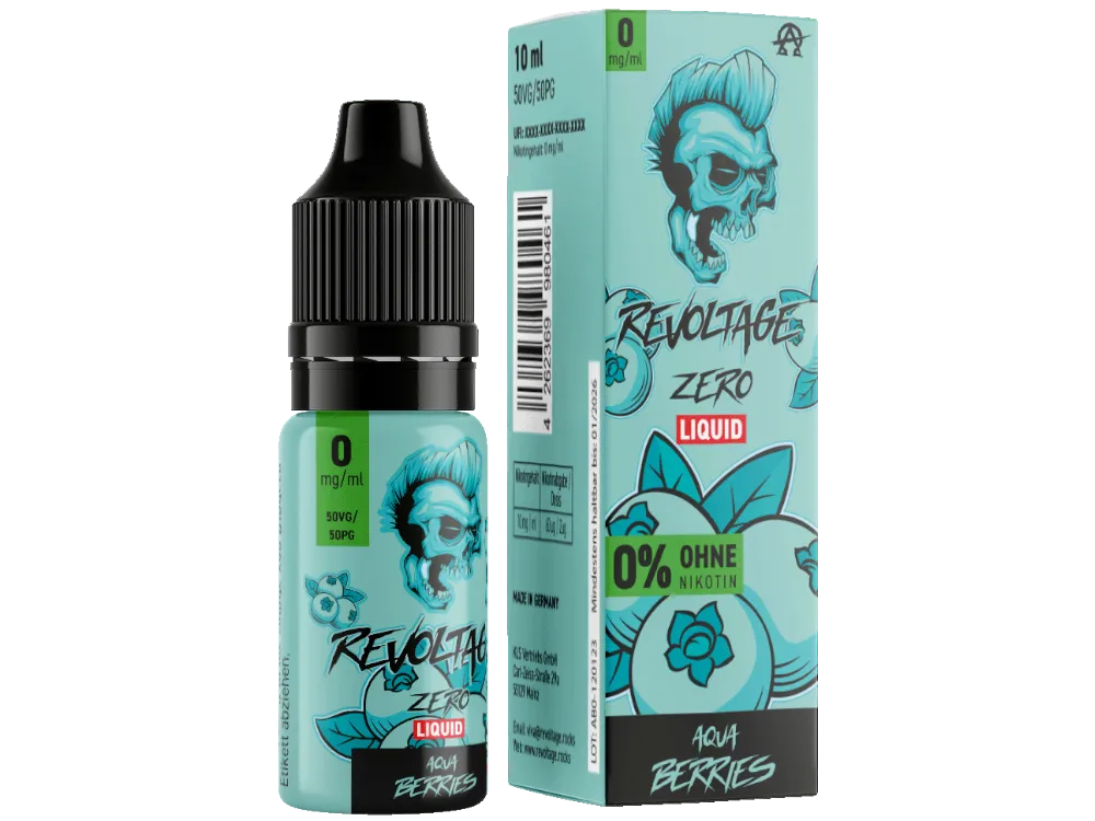 Revoltage Aqua Berries 0% Nikotinsalz-Liquid 10ml Flasche mit mintgrüner Verpackung