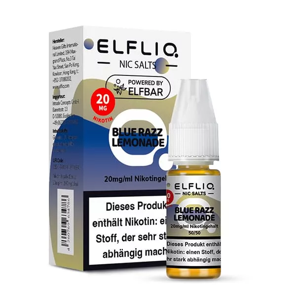 Elfbar Elfliq Blue Razz Lemonade 10ml Nikotinsalz-Liquid Flasche Frontansicht mit Produktdetails