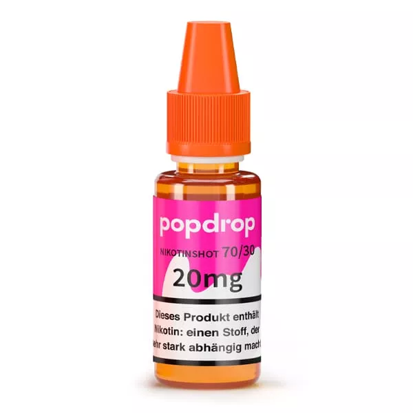 Popdrop Nikotinshot 70/30 20mg/ml in orangefarbener Tropfflasche mit pinkem Etikett
