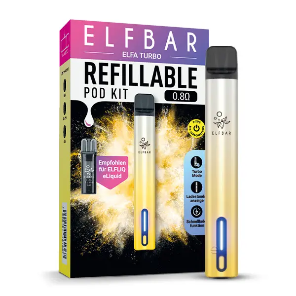 elfbar-elfa-turbo-refillable-pod-kit-5BXV0Kv5qRfZmB.jpg Elfbar Elfa Turbo Pod Kit E-Zigarette in Gelb-Gold mit Verpackung, nachfüllbares Pod-System