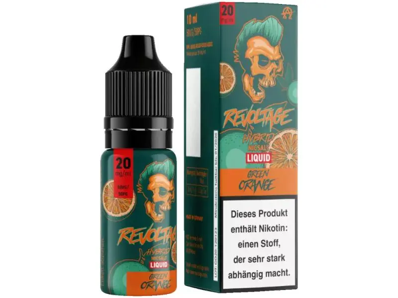 Revoltage Green Orange Hybrid-Nikotinsalz-Liquid 10ml, grüne Flasche mit 20mg/ml und passender Verpackung in Grün-Orange