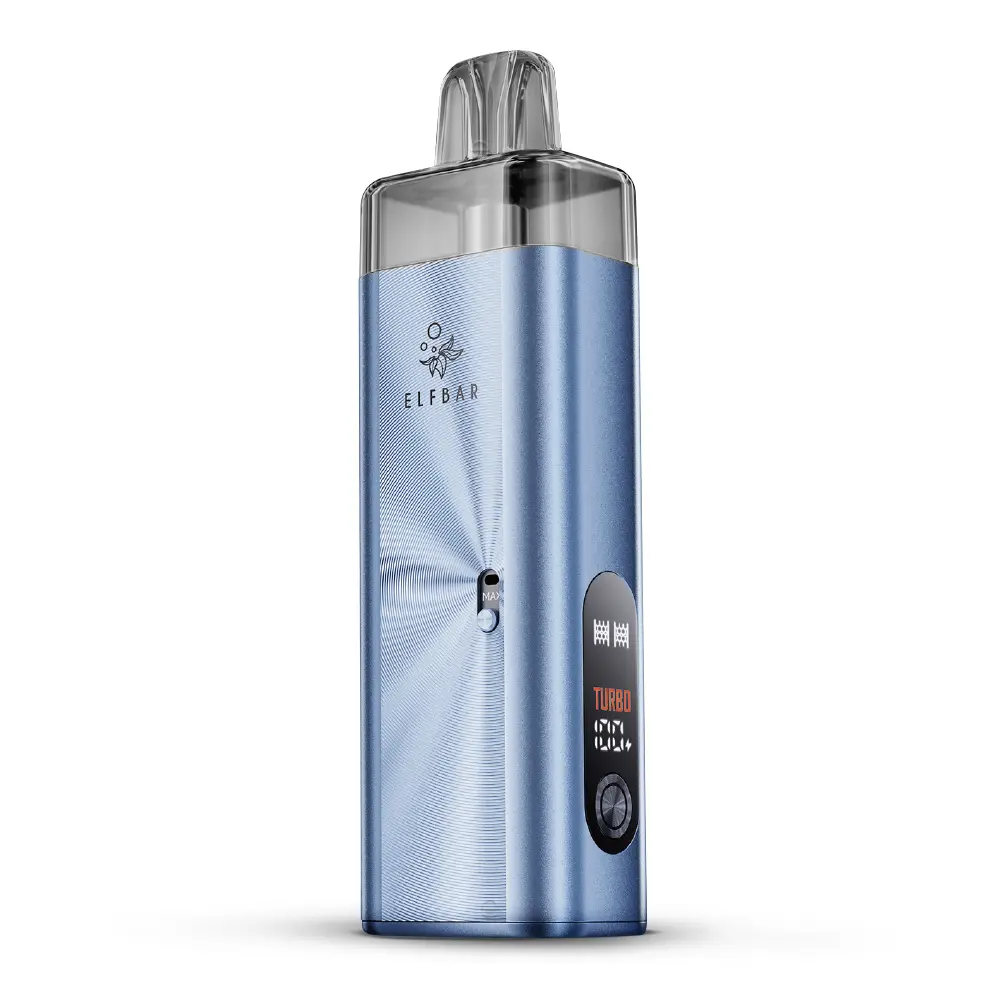 Elfbar ELFX Mega Kit Pod-System in Hellblau mit transparentem Pod und Display, Frontansicht