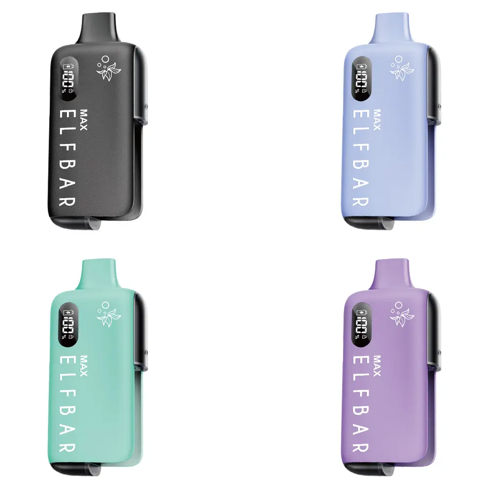 Elfbar Max Kit Farbübersicht: vier Varianten Schwarz, Blau, Mint und Lila nebeneinander