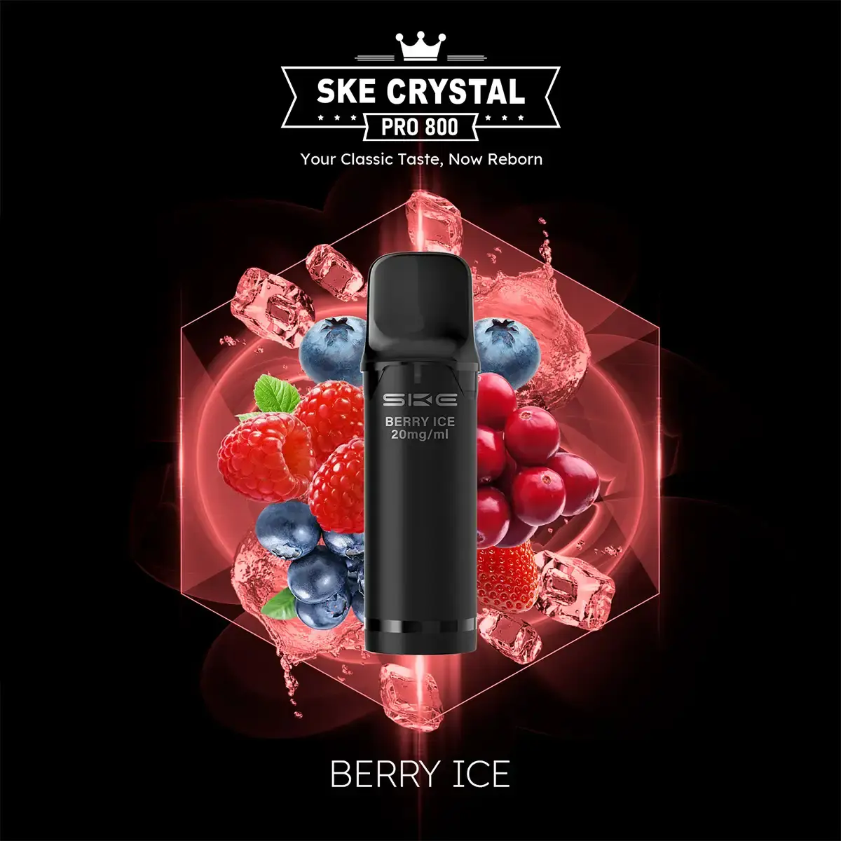 SKE Crystal 800 Pro Prefilled Pod Berry Ice – schwarzer Pod vor rotem Hintergrund mit gemischten Beeren und Eis
