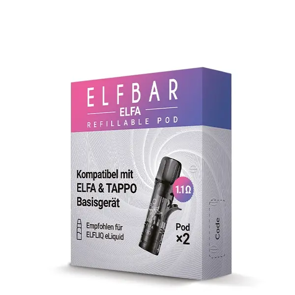Elfbar Elfa Refillable Pod 1.1 Ohm Verpackung seitlich, zwei nachfüllbare Pods im 2er-Pack