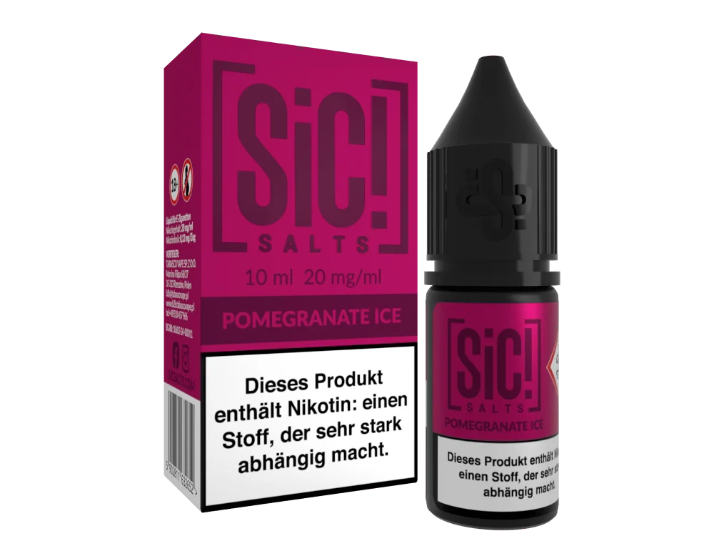 SiC! Salts Pomegranate Ice 10ml Nikotinsalz-Liquid in pinkfarbener Flasche, Frontansicht mit Warnhinweis