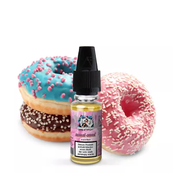 Dampfdidas Sweet Donut 10ml Nikotinsalz-Liquid, kleine Flasche vor bunten Donuts
