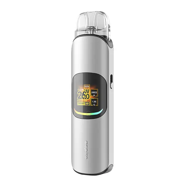 Aspire Pixo Neo Pod Kit in Silber mit rundem Display und buntem Anzeigefeld, Frontalansicht