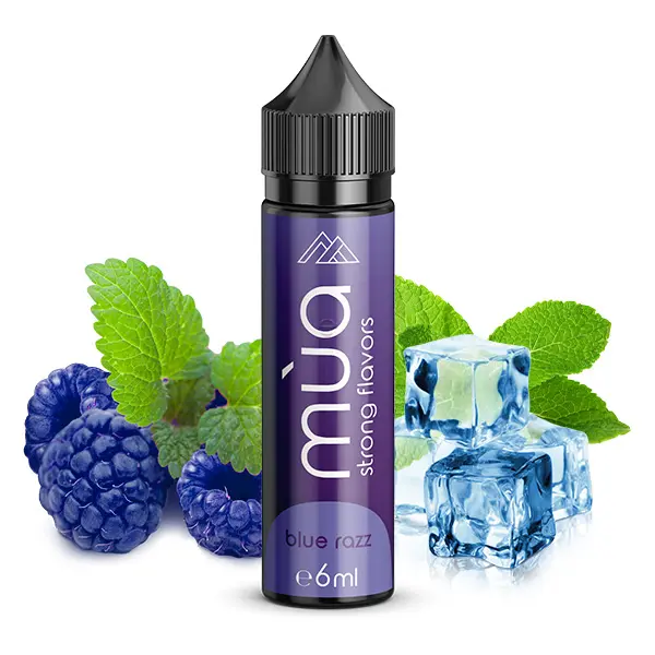 Mùa Blue Razz Longfill 60 ml, violette Flasche mit blauen Brombeeren, Minzblättern und Eiswürfeln