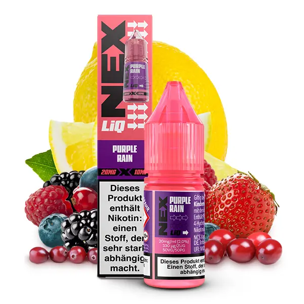 NexLiq Purple Rain Nikotinsalz-Liquid 10ml Flasche, leicht gedrehte Ansicht, Beerenfrüchte-Motiv sichtbar