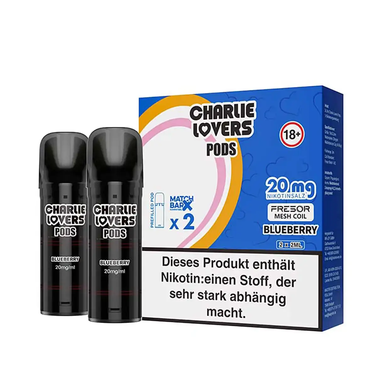 Charlie Lovers Prefilled Pod Blueberry 2er-Pack Verpackung mit zwei schwarzen Pods, 20 mg Nikotin