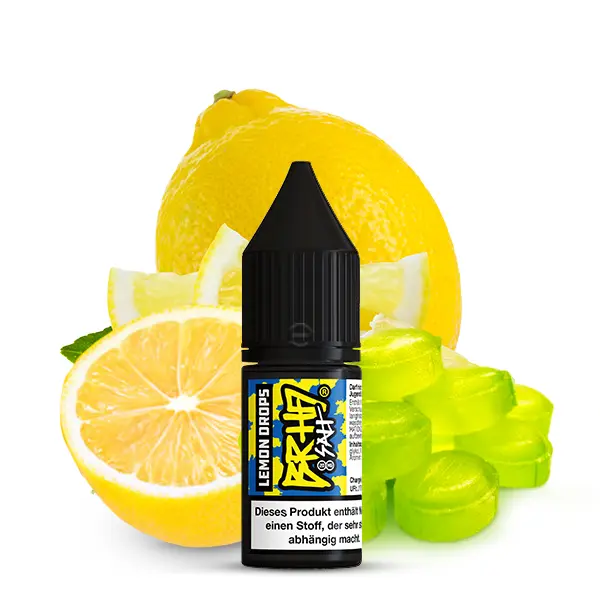 barehead-lemon-drops-nikotinsalz-2.jpg Electric Punch Lemon Drops 10ml Nikotinsalz-Liquid, schwarze Flasche vor frischer Zitrone und grünen Bonbons