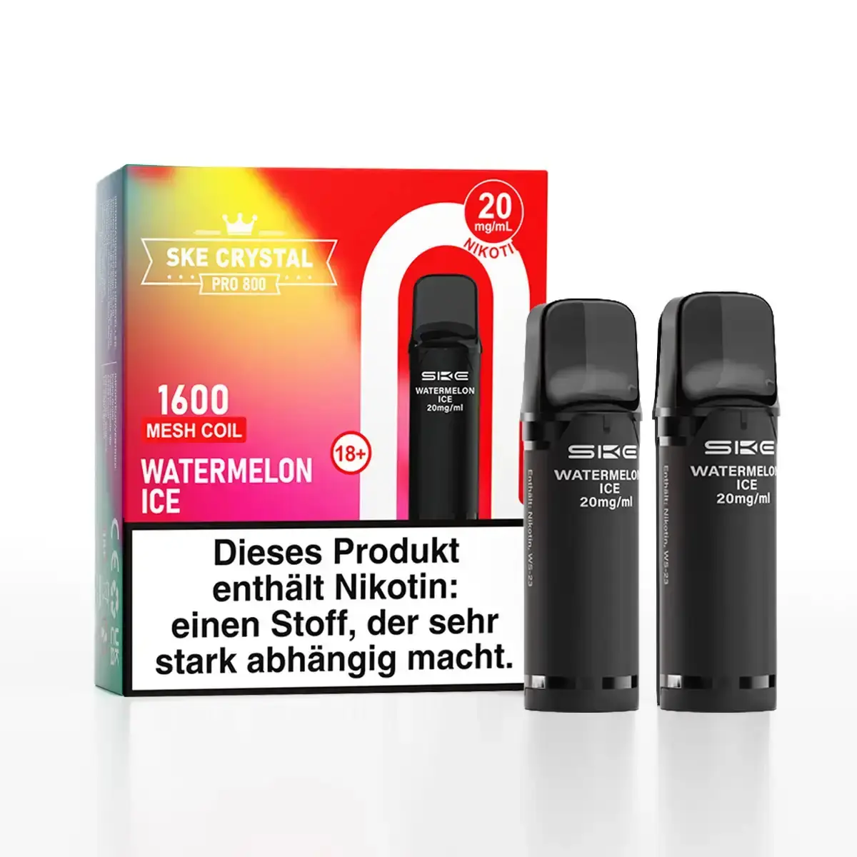 SKE Crystal 800 Pro Prefilled Pod Watermelon Ice – 2er-Packung schwarze Pods mit roter Verpackung