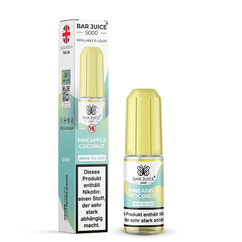 Bar Juice 5000 Pineapple Coconut Nikotinsalz-Liquid 10ml – hellblaue Flasche mit goldfarbener Kappe und Produktverpackung