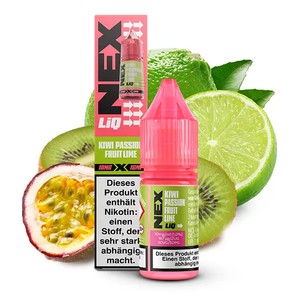 PodSalt NexLiq Kiwi Passionfruit Lime 10ml Nikotinsalz-Liquid, pinke Flasche mit Kiwi- und Limetten-Motiv