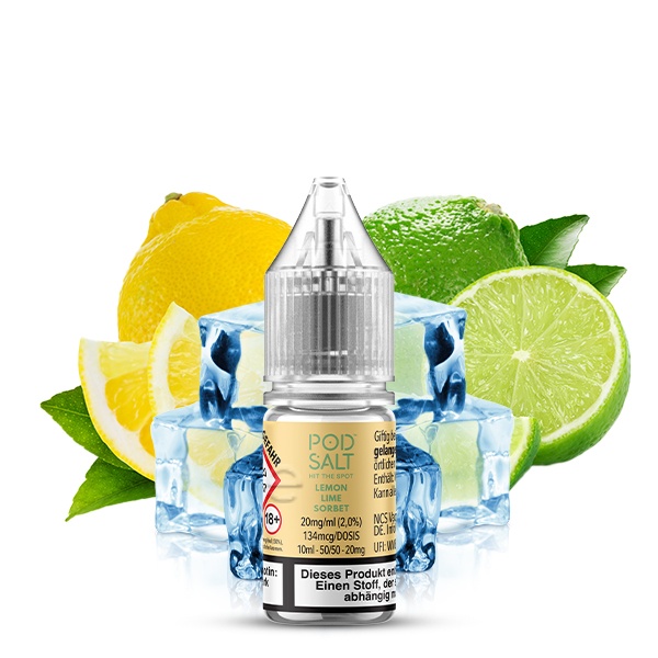 PodSalt Xtra Lemon Lime Sorbet 10ml Nikotinsalz-Liquid Flasche mit Zitrone, Limette und Eiswürfeln