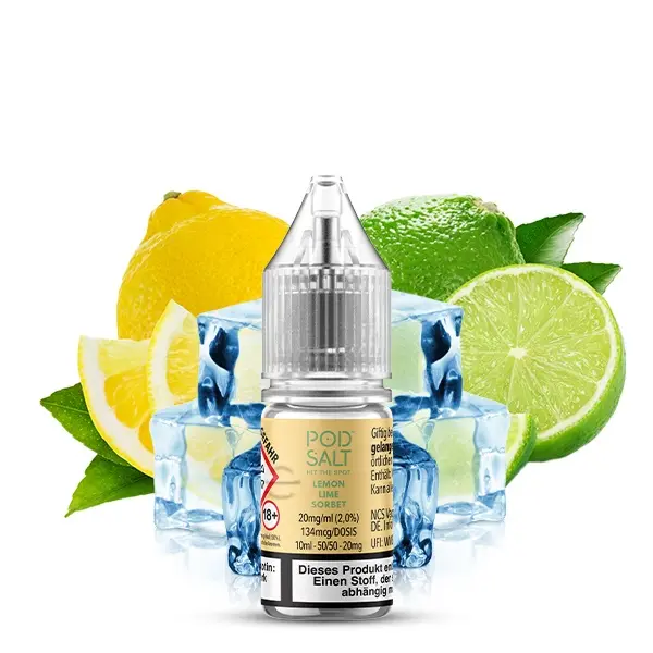PodSalt Xtra Lemon Lime Sorbet 10ml Nikotinsalz-Liquid Flasche mit Zitrone, Limette und Eiswürfeln