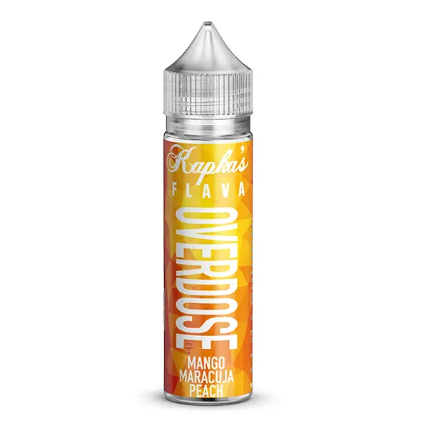 Kapka's Flava Overdose Mango Maracuja Peach Longfill 60-ml-Flasche mit gelbem Etikett, freigestelltes Produktfoto