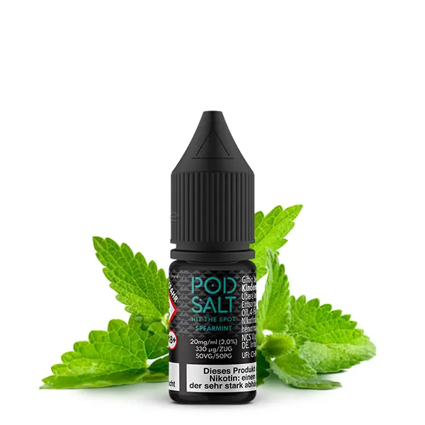PodSalt Spearmint 10ml Nikotinsalz-Liquid – schwarze Flasche mit grünem Label und Pfefferminzblättern