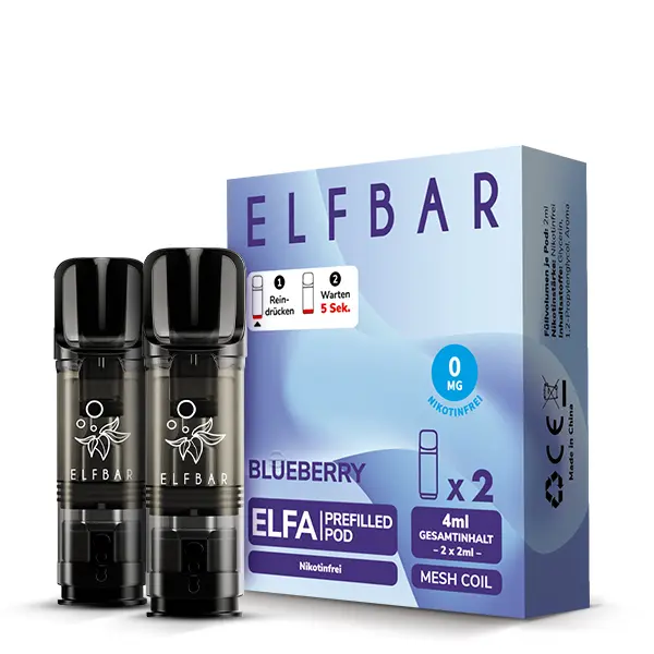 Elfbar Elfa Prefilled Pod Blueberry 0mg/ml Doppelpack in der Verpackungsbox, 2 schwarze Pods sichtbar