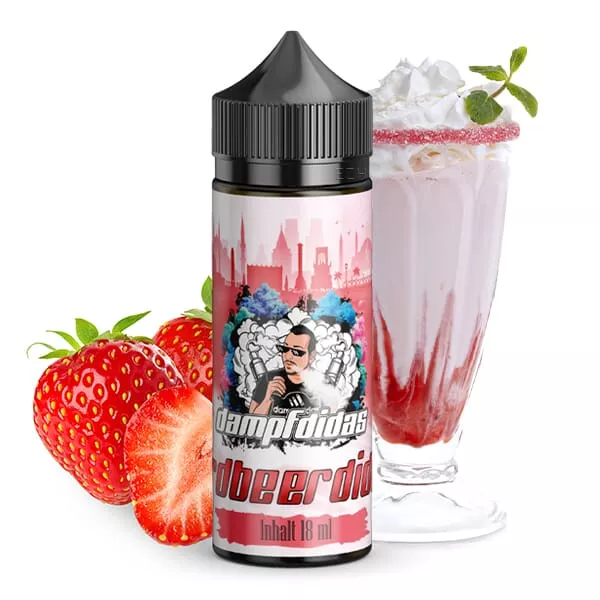 dampfdidas-erdbedidas-longfillaroma.jpg 100ml Longfill-Flasche Erdbeerdidas von Dampfdidas mit Erdbeer-Milchshake-Design
