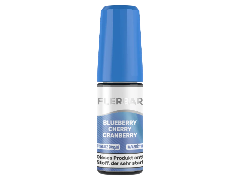 Flerbar Blueberry Cherry Cranberry 10ml Nikotinsalz-Liquid in blauer Flasche mit blauer Kappe, leicht gedrehte Ansicht