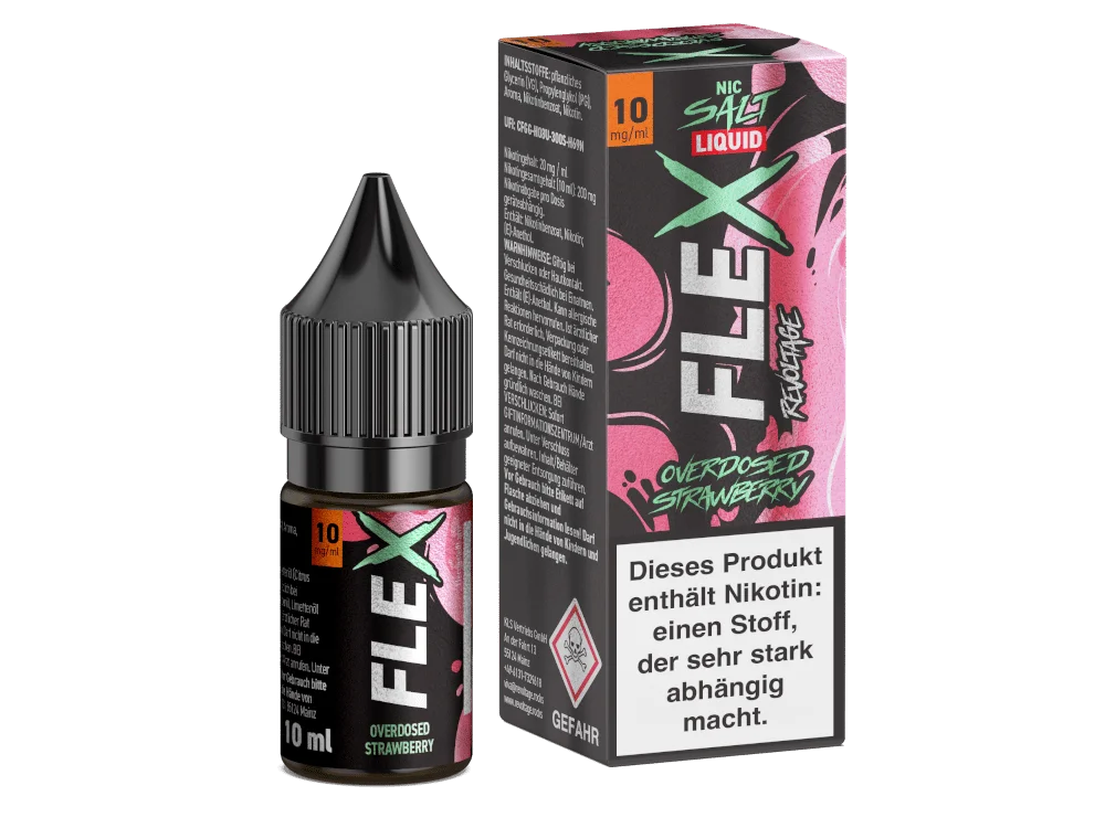 Revoltage Flex Overdosed Strawberry 10ml Nikotinsalz-Liquid – Flasche und Verpackung in Pink-Grün