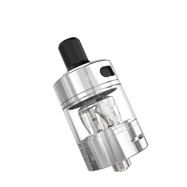 advken-manta-mtl-10CKjirhugIvpwK.jpg Advken Manta MTL Tank Verdampfer in Silber, Seitenansicht mit schwarzem Drip Tip und klarem Glastank