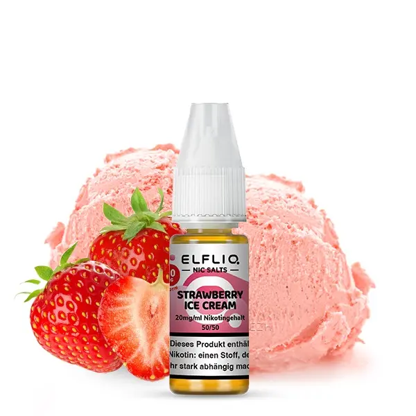 source401589.jpg Elfbar Elfliq Strawberry Ice Cream 10ml Nikotinsalz-Liquid, Flasche vor Erdbeeren und Eiskugel