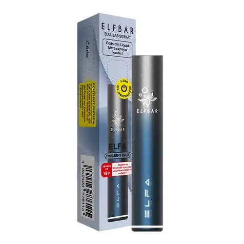 elf-bar-elfa-prefilled-pod-kit-twilight-blue.jpg Elfbar Elfa CP Basisgerät in Blau-Schwarz mit Verpackungsbox, Frontansicht