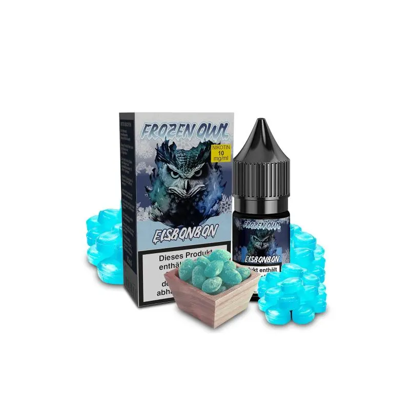 OWL Frozen Owl Eisbonbon Nikotinsalz-Liquid 10ml – Flasche und Verpackung mit blauen Bonbons