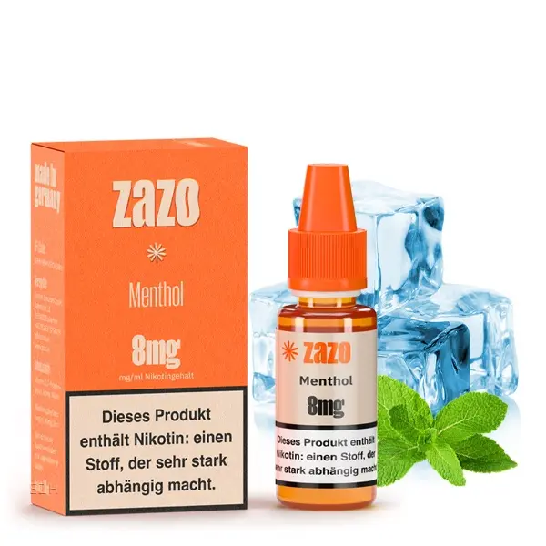 ZAZO Classics Menthol 8mg eLiquid, Packung und Flasche mit Minze-Eiswürfel-Darstellung