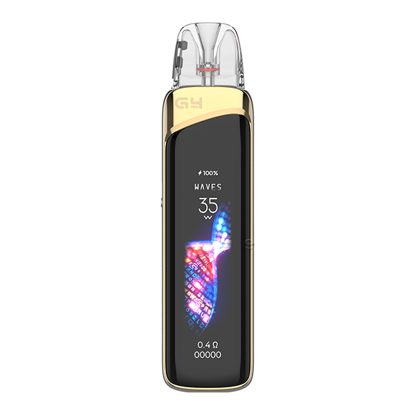 Uwell Caliburn G4 Pro Pod Kit in Schwarz-Gold mit OLED-Display, stehend mit eingesetztem Pod