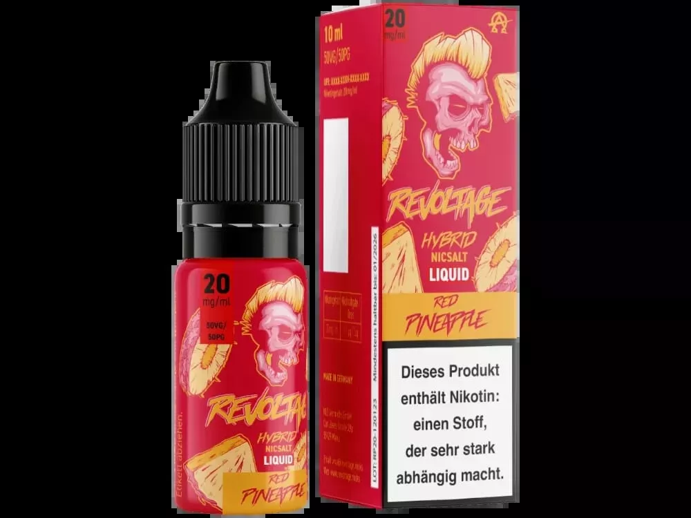 Revoltage Red Pineapple Hybrid-Nikotinsalz-Liquid 10ml 20mg/ml – rote Flasche mit Schädel-Design und Verpackung